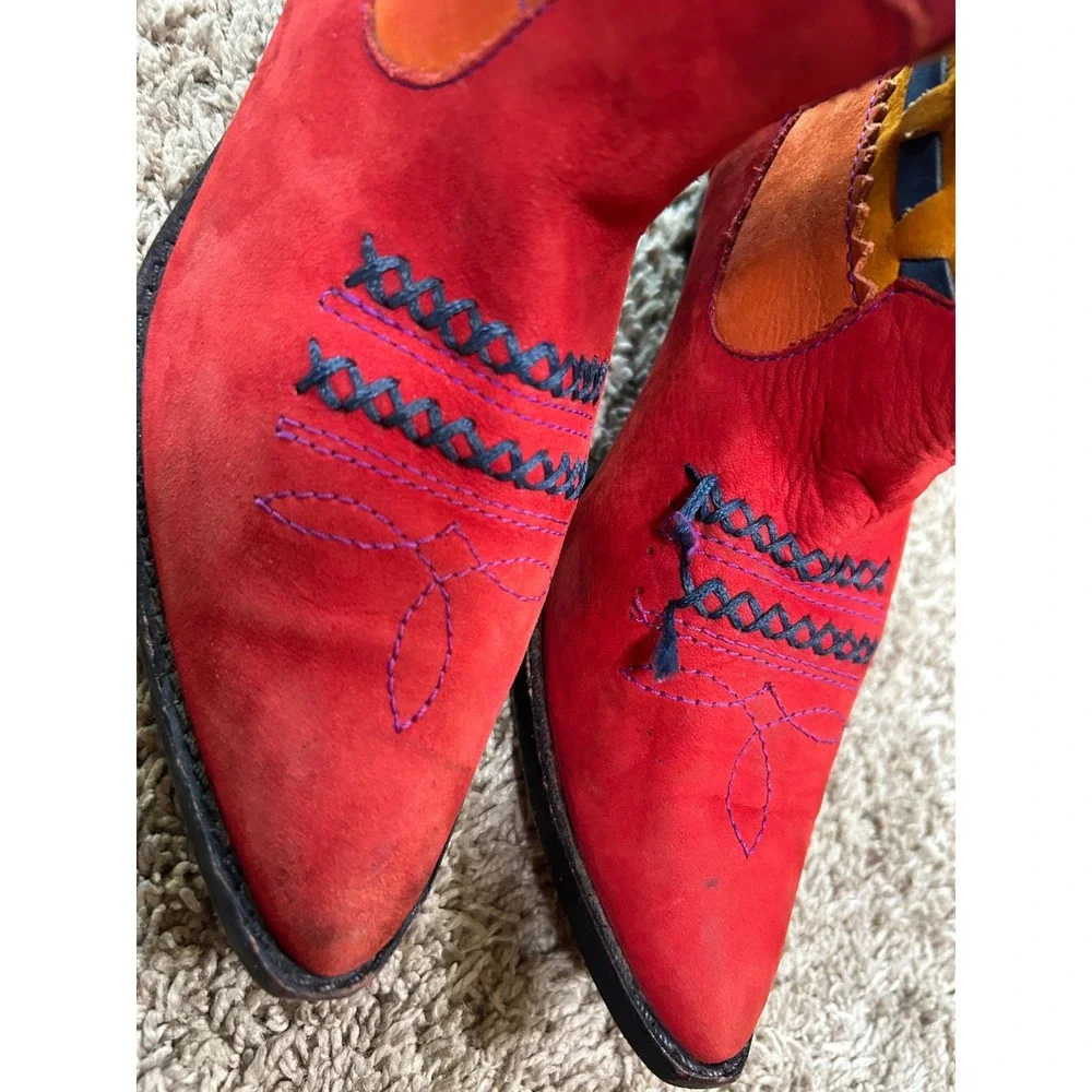 Womens Red Orange Embroidered Western Boho Festival Cowboy Boots Retro Tribal 7M - Picture 2 of 10